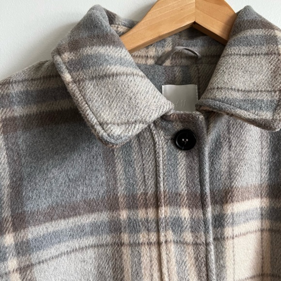 H&M cream tan coat with muted blue plaid - Picture 10 of 11